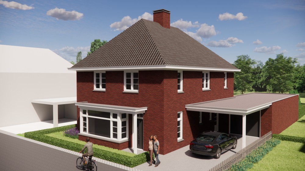 3D Render van vrijstaande notariswoning met metselwerk gevels en klassiek schilddak 8