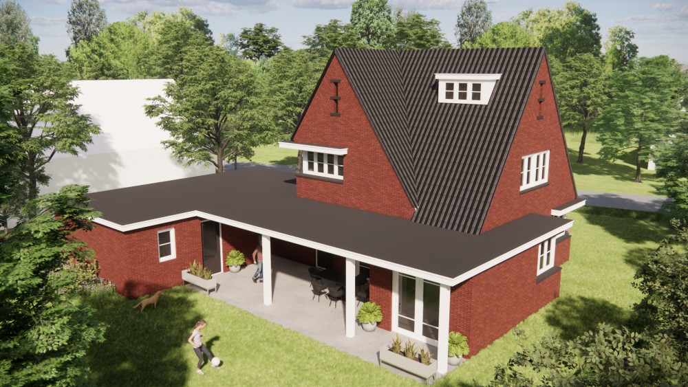3D Render van vrijstaande jaren 30 woning in metselwerk met zadeldak en gegolfde dakpannen 9
