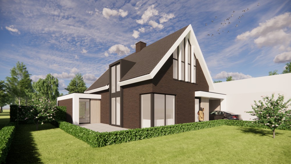 Afbeelding van Eigentijdse woning met metselwerk gevel, houten accenten en markant zadeldak - 6f32d1c2-d28d-4340-999c-111051aaf5ce