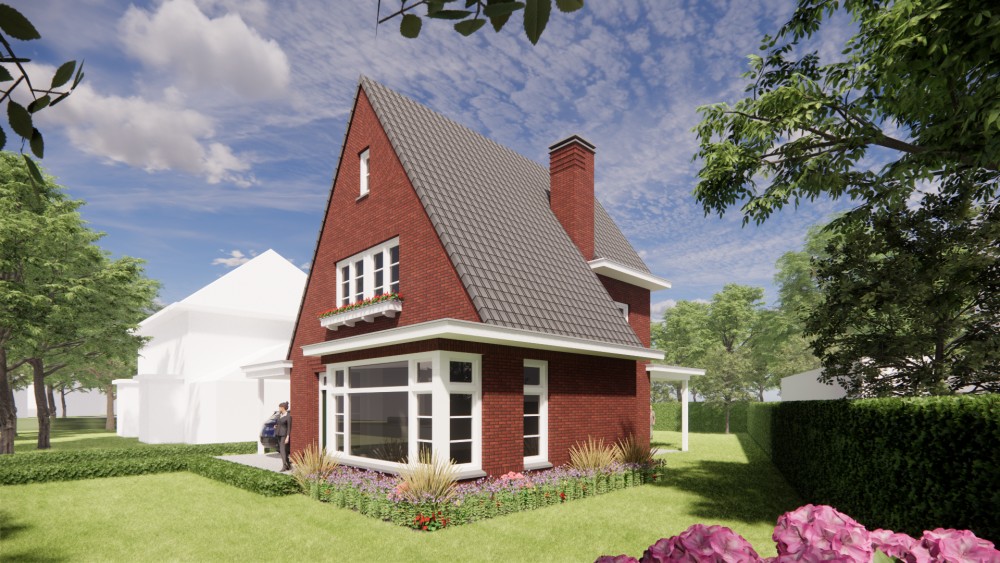 3D Render van vrijstaande woning in jaren 30 stijl met metselwerk gevels en zadeldak met gegolfde dakpannen 4