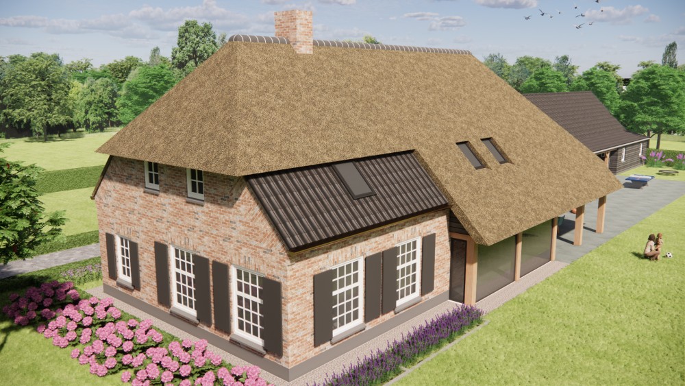 3D Render van vrijstaande schuurwoning met schilddak in metselwerk en hout 7