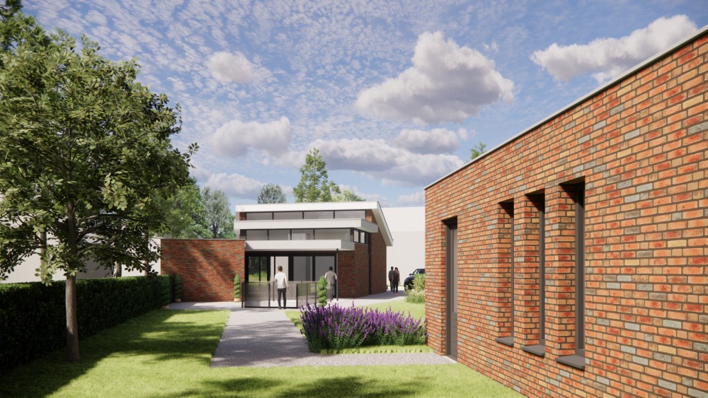 3D Render van moderne vrijstaande woning in metselwerk met lessenaarsdak met vlakke dakpannen en verholen dakgoot 6