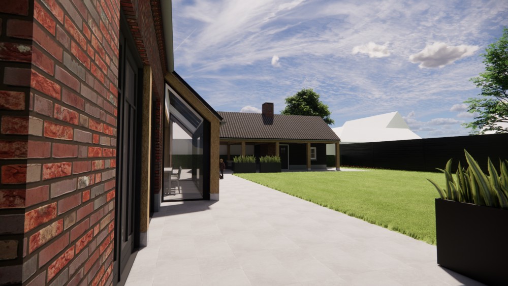 3D Render van landelijke boerderijwoning met wolfsdak, gegolfde dakpannen en houten accenten 4