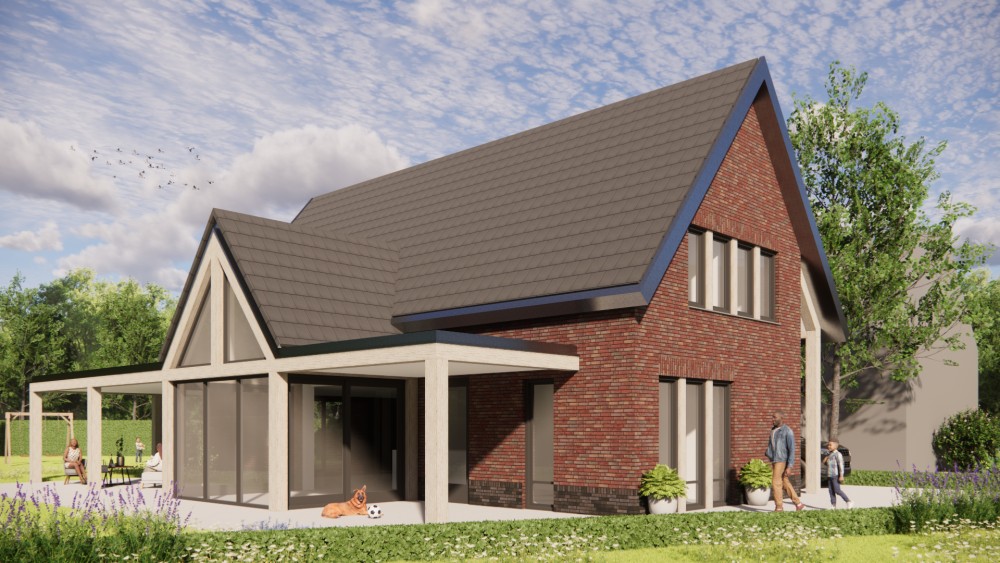 Afbeelding van Moderne vrijstaande woning met metselwerk gevels en zadeldak met vlakke dakpannen - 19ad7d62-5ae7-4e72-ba8a-a8bdb4e65ebe