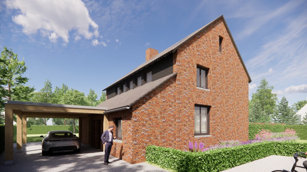 Afbeelding van Woning met zadeldak in gegolfde dakpannen en roodbruin metselwerk met dakkapel en houten accenten - 4c04321f-6a7b-416b-b5c6-c01dac33a707