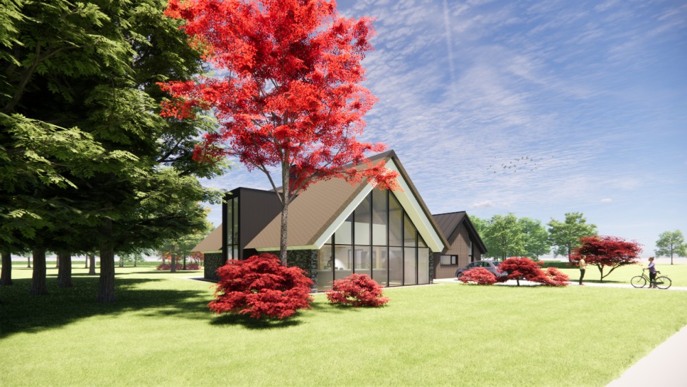 3D Render van landelijke villa met rieten zadeldak, houten accenten en risaliet 2