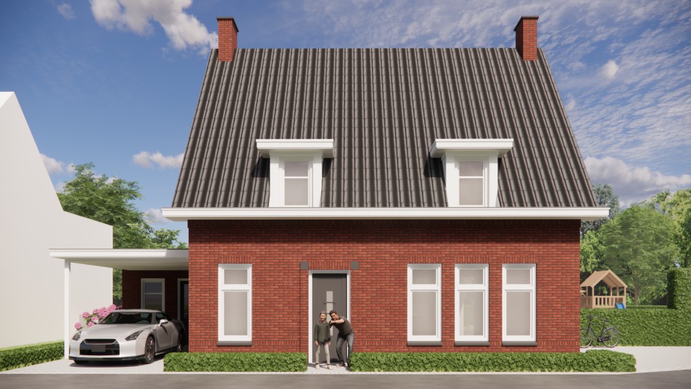 3D Render van jaren 30 notariswoning met zadeldak, metselwerk en houten kozijnen 7