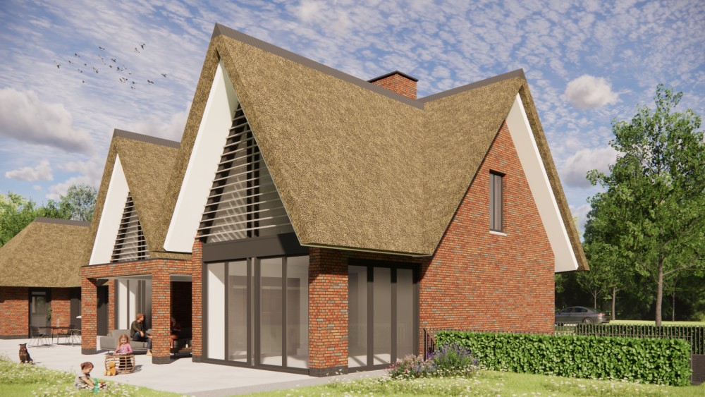 Afbeelding van Moderne woning met sprekende risaliet, rieten zadeldak en metselwerk - 978cf041-1295-45dc-9bce-2a99b93e99fd