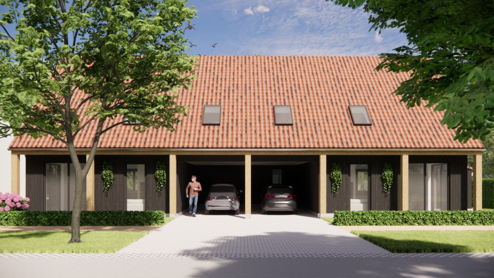 Afbeelding van Moderne schuurwoning met hout, gegolfde dakpannen en houten balken buiten - e677feed-e622-4062-bfdf-191ccbab3633