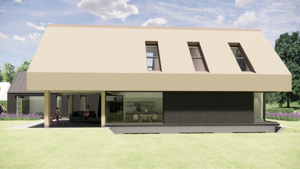 3D Render van moderne zwarte houten schuurwoning met zadeldak 9