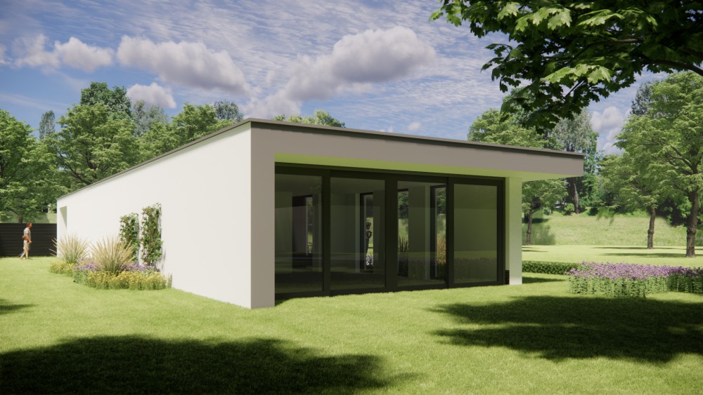 3D Render van modern vrijstaand woonhuis met plat dak en pleisterwerk 5