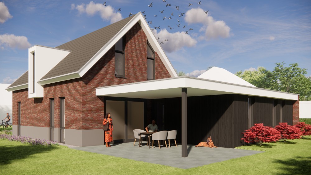 3D Render van moderne woning met zadeldak, rood metselwerk en vlakke dakpannen 6