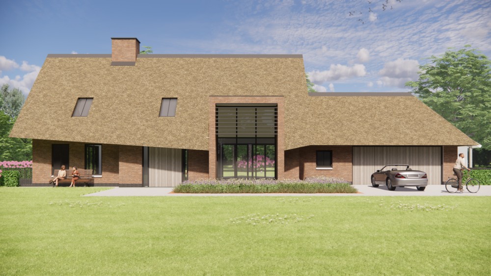 Afbeelding van Moderne woning met sprekende risaliet, rieten zadeldak en metselwerk - 978cf041-1295-45dc-9bce-2a99b93e99fd