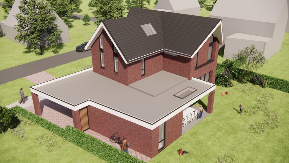 3D Render van strakke baksteenarchitectuur met zadeldak en schuine dak overstek 8