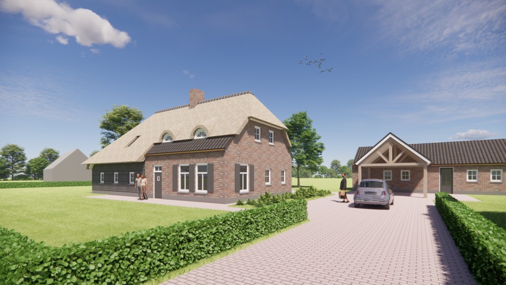 Afbeelding van Rietgedekte boerderijwoning met metselwerk, houten accenten en royale overstekken - 80a57b49-a699-481a-9acf-a2a3f8abeafa