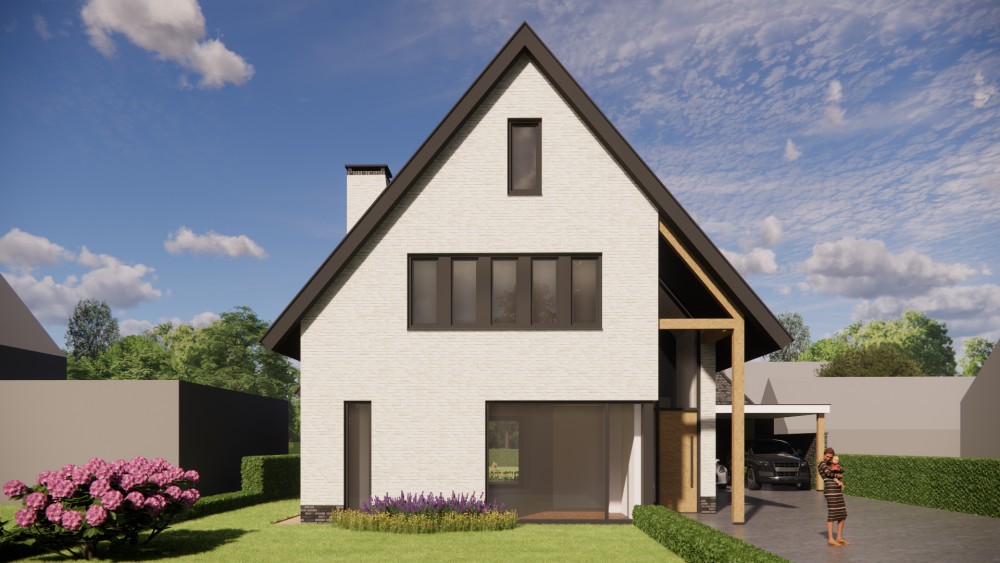 3D Render van moderne vrijstaande woning met gekeimd metselwerk en zadeldak met vlakke dakpan 7