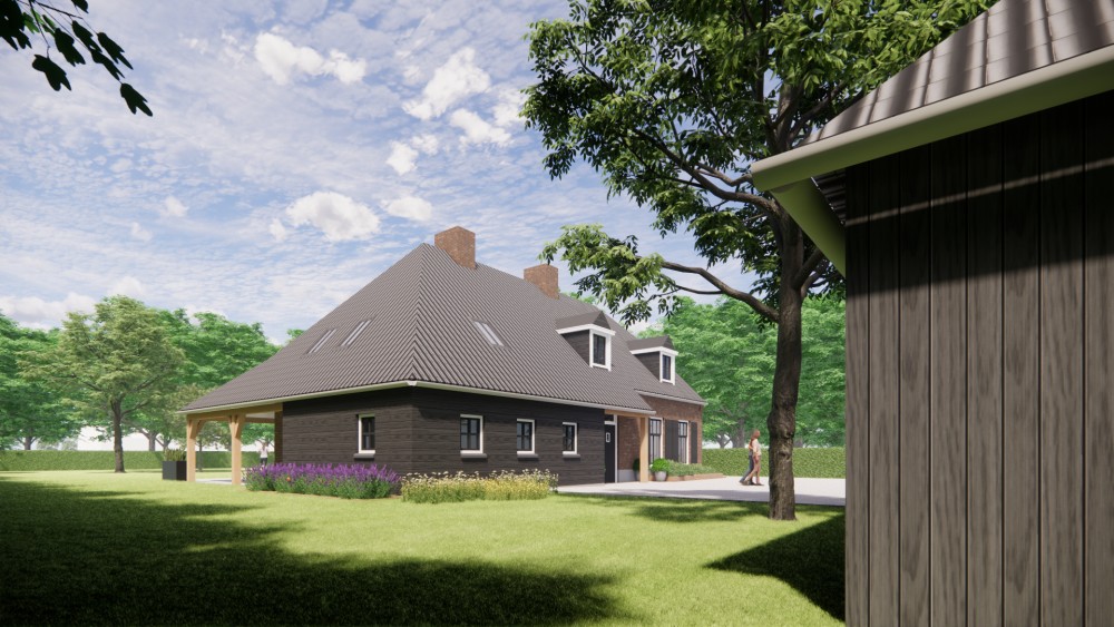 Afbeelding van Landelijke boerderijwoning in metselwerk met wolfsdak met gegolfde dakpannen en houten accenten - 4ef5b783-21fe-468d-bfd1-398cb510267c