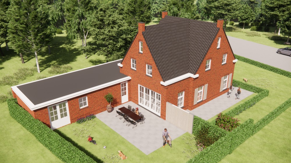 3D Render van traditionele jaren 30-notariswoning met metselwerk, luiken en zadeldak 7