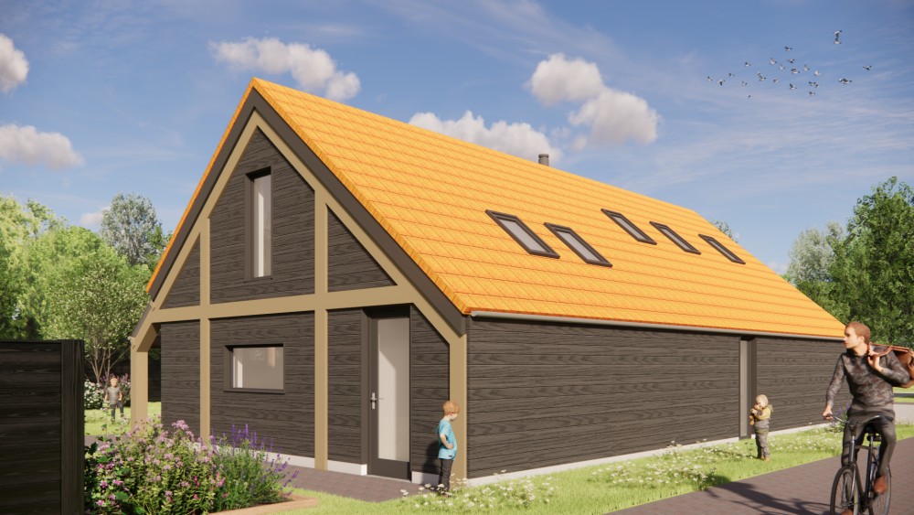 Afbeelding van Vrijstaande schuurwoning met houten gevel, zadeldak met vlakke dakpannen en overdekte entree - 68a113fc-7bc2-4630-9f56-0b4bb4d73e05