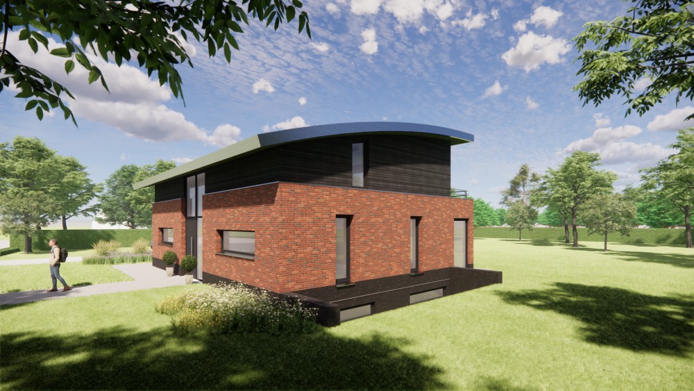 3D Render van eigentijdse vrijstaande woning met gebogen groendak, metselwerkgevels en houten accenten 5
