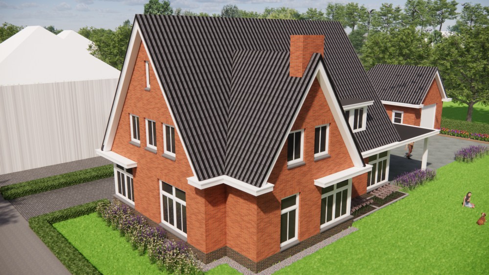 3D Render van vrijstaande jaren 30 woning met rood metselwerk, zadeldak met gegolfde dakpannen en dakkapel 6
