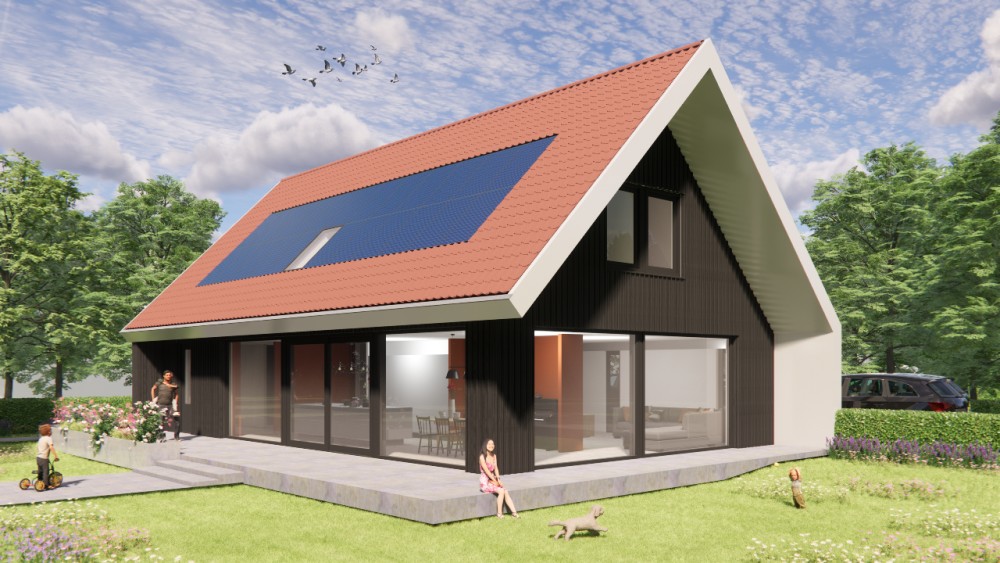 3D Render van schuurwoning met houten gevels, zadeldak en rode gegolfde dakpannen 5
