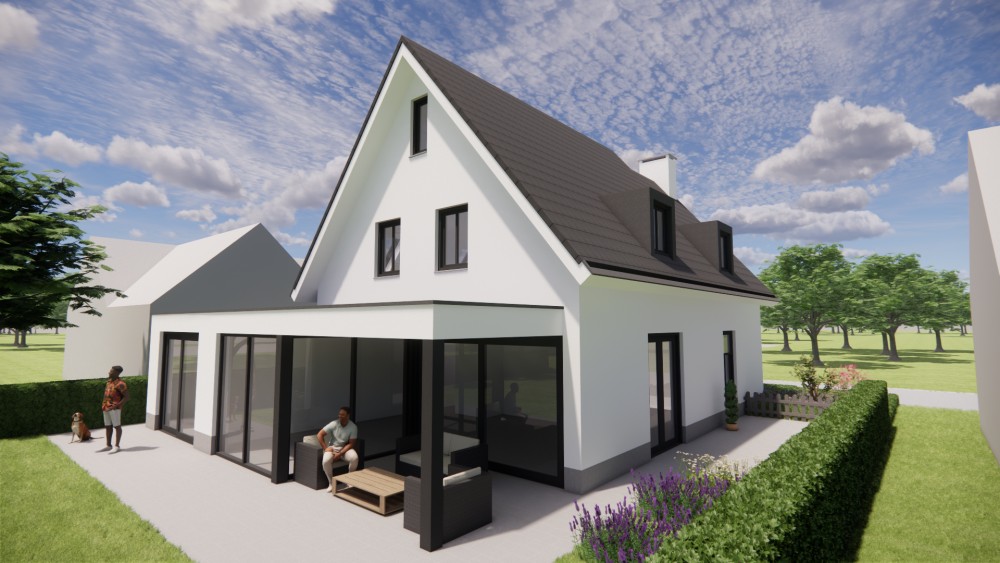 3D Render van gepleisterde gezinswoning met zadeldak, houten kozijnen en ingetogen detaillering 4