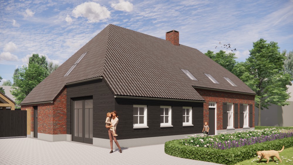 3D Render van landelijke boerderijwoning met wolfsdak, gegolfde dakpannen en houten accenten 4
