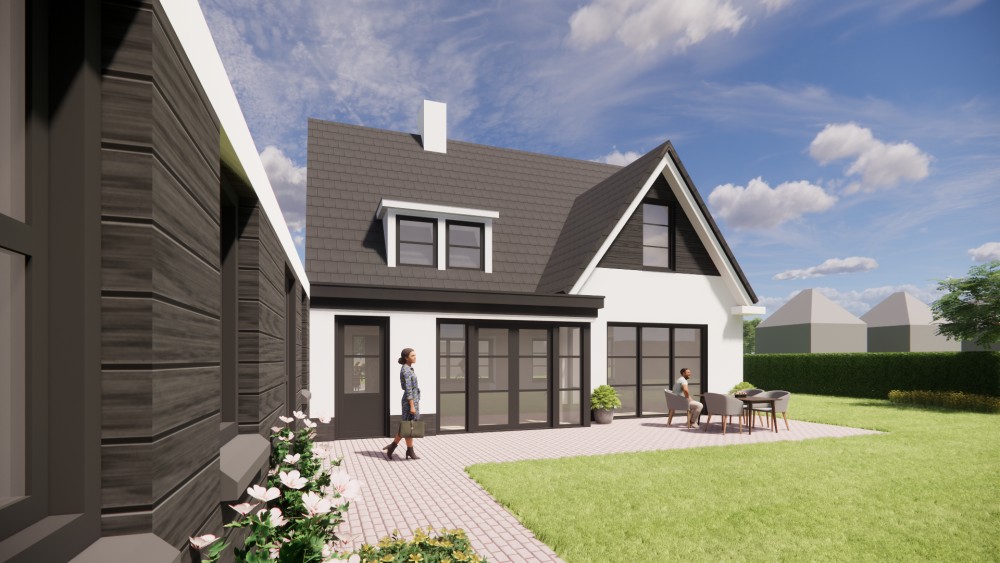 Afbeelding van Eigentijdse vrijstaande woning met wit gekeimd metselwerk en zadeldak met gegolfde dakpannen - 1f74df6d-53ae-4878-8065-334839f488a7