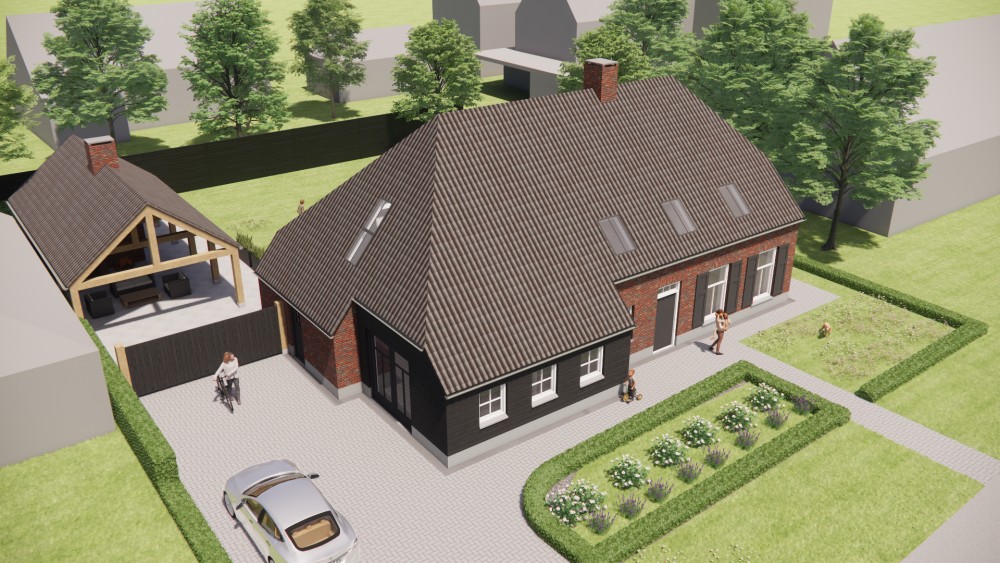 3D Render van landelijke boerderijwoning met wolfsdak, gegolfde dakpannen en houten accenten 9