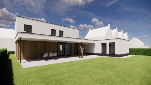 Afbeelding van Kubistische woning met witte gevels, houten accenten en strak vormgegeven carport - 0c4f3583-5f3c-44c4-9c6d-f6e9662006f8