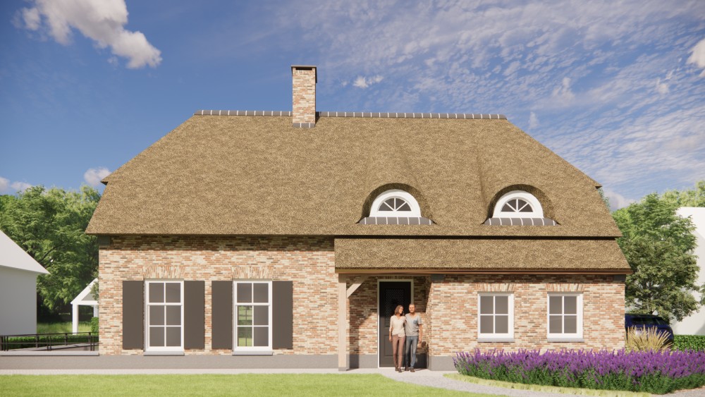 3D Render van boerderijwoning met rieten wolfsdak en houten accenten 7
