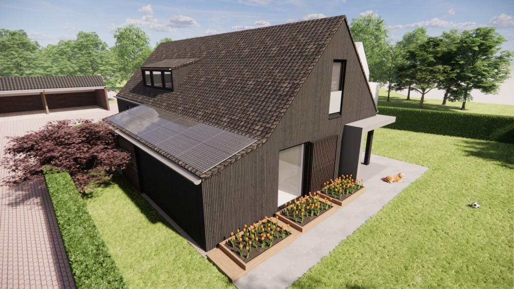 3D Render van schuurwoning met houten gevels en zadeldak met gegolfde dakpannen 7