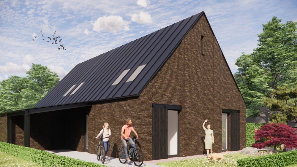3D Render van schuurwoning met stalen spant, metselwerk gevel en felsplaten zadeldak 5