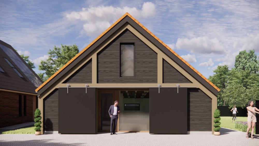 3D Render van vrijstaande schuurwoning met houten gevel, zadeldak met vlakke dakpannen en overdekte entree 4