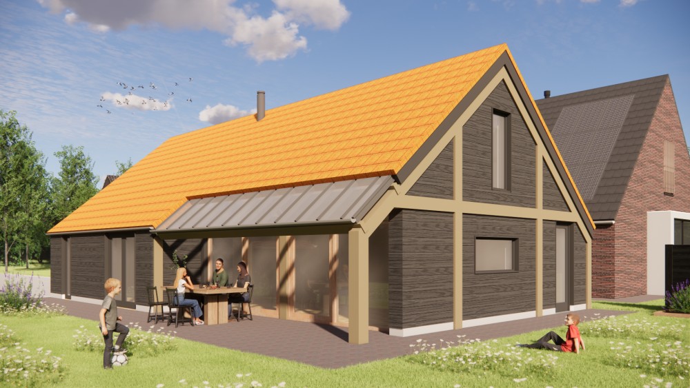 Afbeelding van Vrijstaande schuurwoning met houten gevel, zadeldak met vlakke dakpannen en overdekte entree - 68a113fc-7bc2-4630-9f56-0b4bb4d73e05