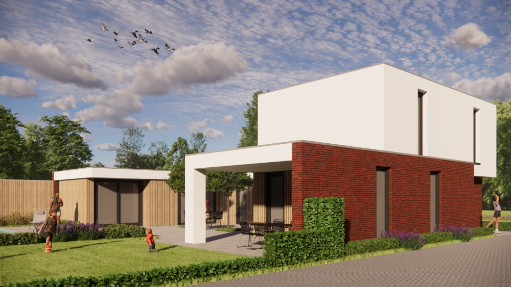 3D Render van kubistische woning met wit pleisterwerk, houtaccenten en strak vormgegeven buitenruimte 5