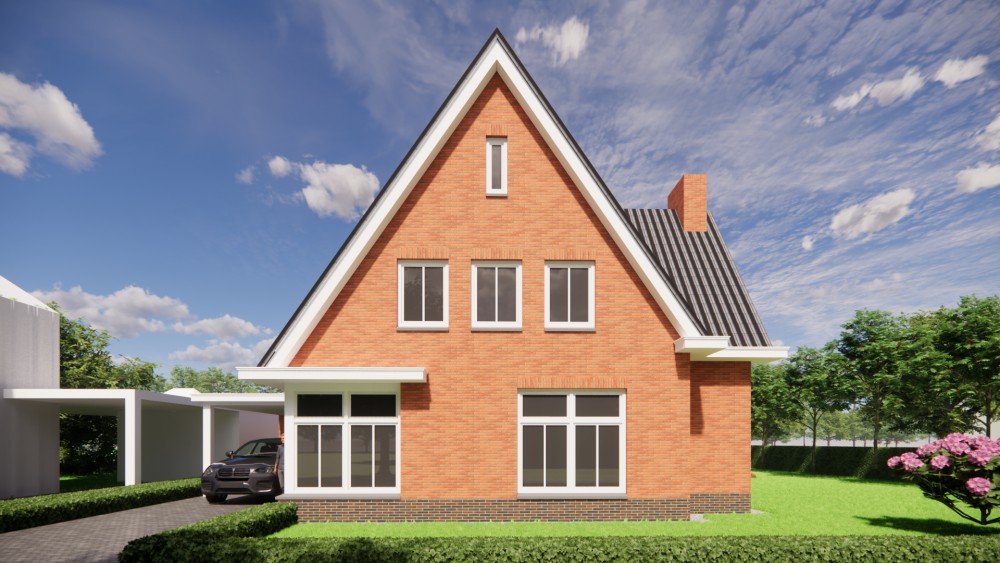 3D Render van vrijstaande jaren 30 woning met rood metselwerk, zadeldak met gegolfde dakpannen en dakkapel 7