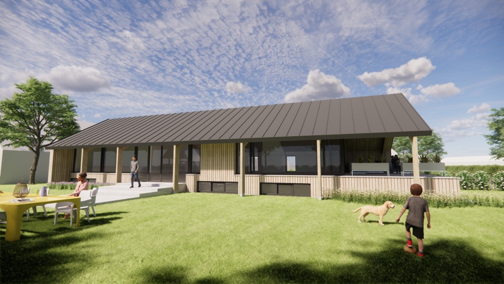 3D Render van moderne schuurwoning met houten gevel felsplaat zadeldak en overstekken 5