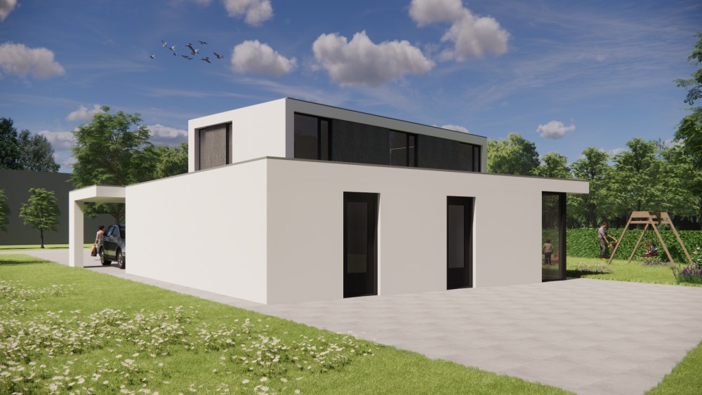 3D Render van strakke kubusvormige woning met wit stucwerk en houten geveldelen 5