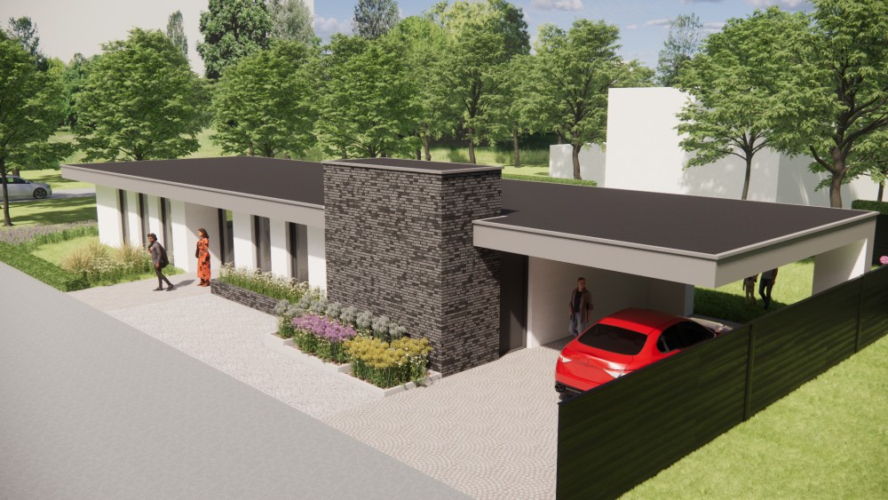 3D Render van modern vrijstaand woonhuis met plat dak en pleisterwerk 7