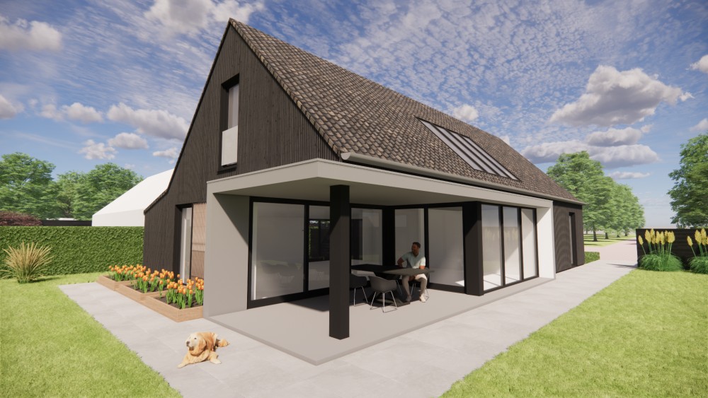3D Render van schuurwoning met houten gevels en zadeldak met gegolfde dakpannen 6