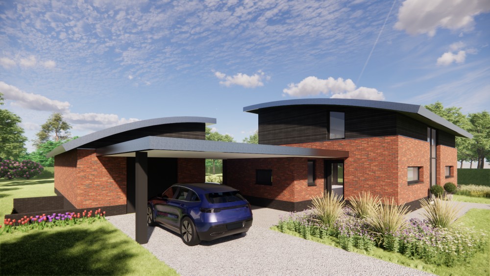 Afbeelding van Eigentijdse vrijstaande woning met gebogen groendak, metselwerkgevels en houten accenten - d2dfbc5b-dd6d-4dfd-854b-f9e5bef2e534