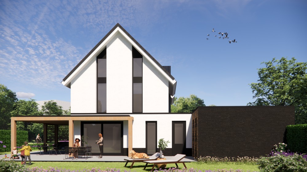 3D Render van moderne woning met strak pleisterwerk, houten accenten en royale overstekken 5