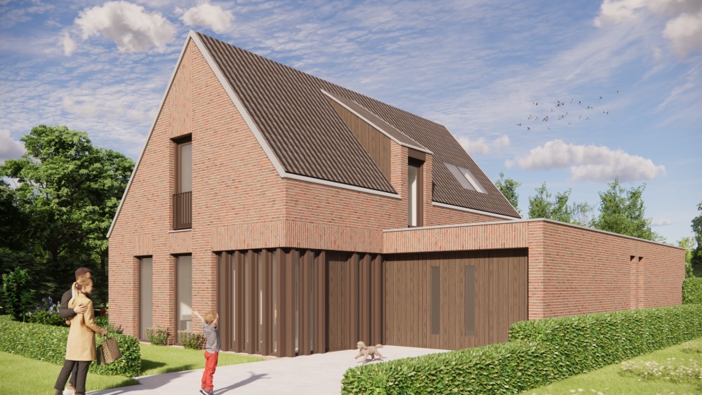 Afbeelding van Moderne woning met zadeldak, metselwerk en gegolfde dakpannen - 02740e0b-9ff8-4c89-a688-d004da5363da