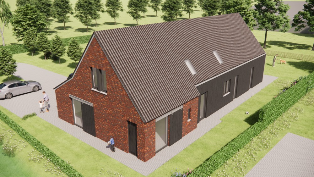 3D Render van moderne schuurwoning met metalen en metselwerk gevel 7
