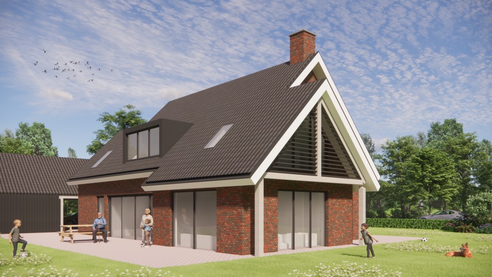 3D Render van landelijk-modern woonhuis met metselwerk, houten balken en gegolfd zadeldak 4