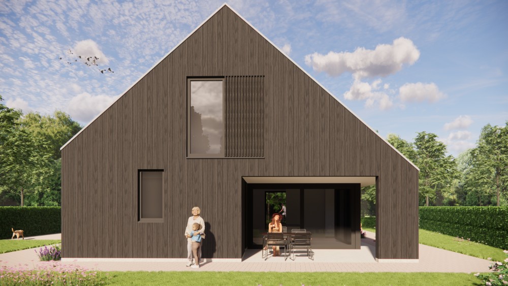 3D Render van landelijke schuurwoning met houten gevel, zadeldak en buiten shutters 7