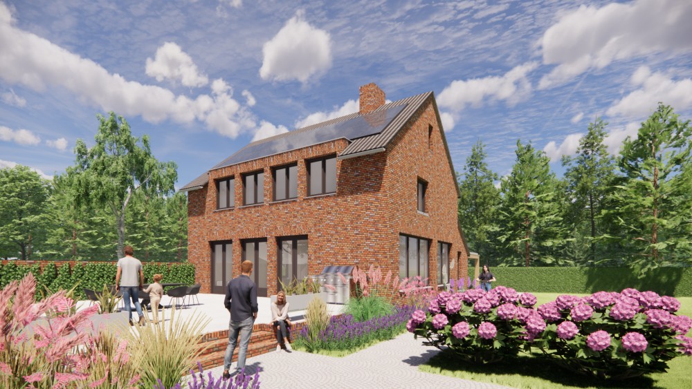 Afbeelding van Woning met zadeldak in gegolfde dakpannen en roodbruin metselwerk met dakkapel en houten accenten - 4c04321f-6a7b-416b-b5c6-c01dac33a707