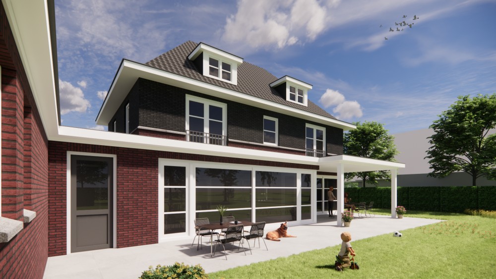 3D Render van vrijstaande jaren 30 notariswoning met metselwerk gevel en schilddak met gegolfde dakpannen 12